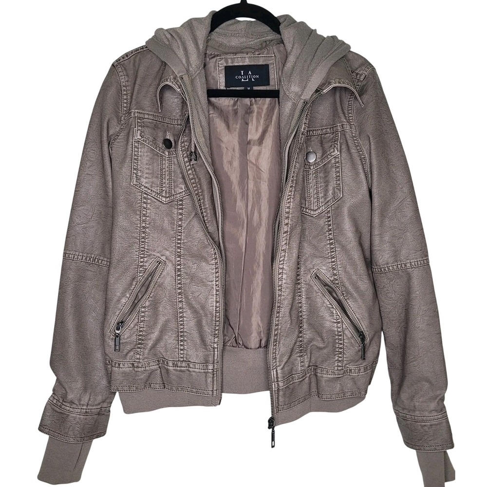 LA Coalition Faux Leather Moto Style Hooded Jacket Sz Med